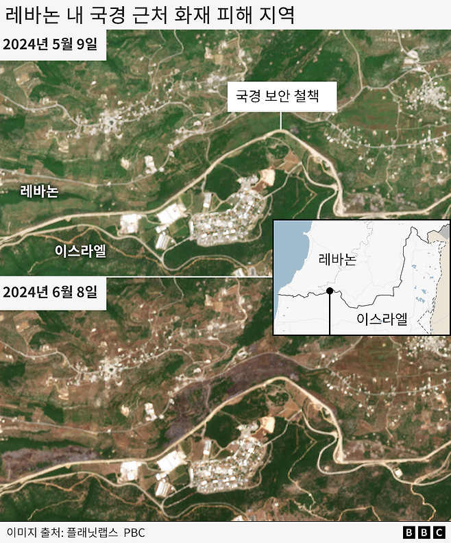 올해 5월 9일 대비 6월 8일의 레바논 내 국경 근처 화재 피해 지역 위성 사진