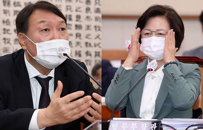 2020년 국회 법제사법위원회 국정감사에 출석한 윤석열 전 검찰총장과 추미애 전 법무부 장관. 공동취재사진, 연합뉴스