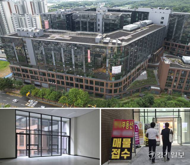 최근 정부가 지식산업센터 입주 가능 업종을 확대했으나, 경기 침체 등으로 경기도내 지식산업센터의 공실 문제가 여전히 심각한 상황이다. 사진은 23일 오후 의왕시 한 지식산업센터의 빈 사무실과 매물 광고물. 홍기웅기자