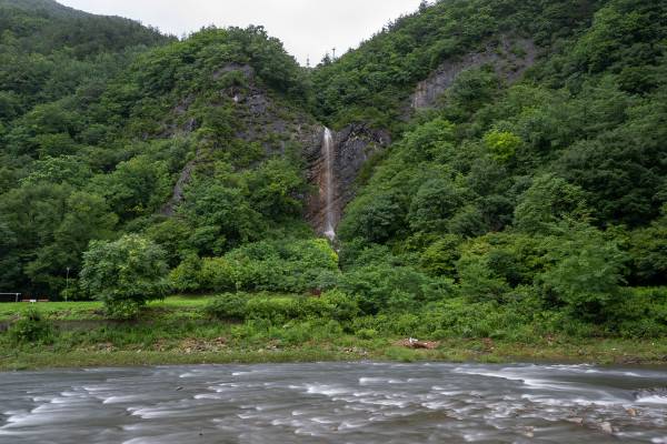 강원도 태백시 장성동 야산에 비가 내리자 40m 절벽에 걸린 ‘비와야폭포’가 하얀 물줄기를 시원하게 쏟아내며 ‘이름값’을 톡톡히 하고 있다. 비가 그치면 물길이 뚝 끊겨 폭포다운 모습을 보기가 쉽지 않다.