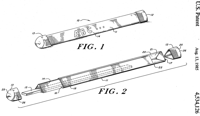 해리 길먼이 특허 출원한 US4534126A 체크아웃 카운터 디바이더. 투명 소재를 활용해 광고 문구를 갈아 끼울 수 있는 개선 제품을 내놨다. 하지만 현재 국내에서는 관리하기 쉽고 잘 파손되지 않는 고무 소재 막대기가 주로 쓰인다. [사진 출처=구글 특허]