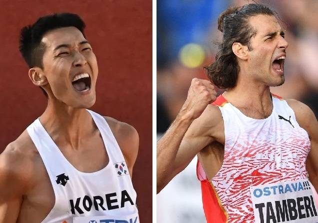 높이뛰기 우상혁 선수(왼쪽)와 세계 랭킹 1위 이탈리아 장마르코 탬베리[사진 제공=연합뉴스, AFP연합뉴스]