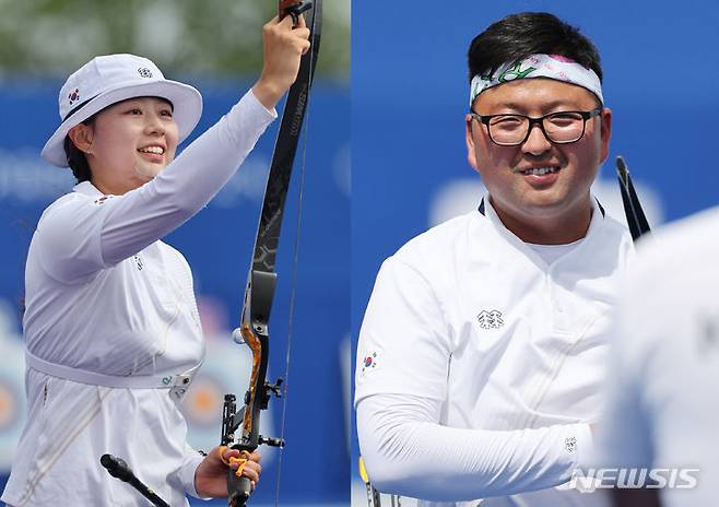 [파리=뉴시스] 김진아 기자 = 한국 남자 양궁 김우진(32·청주시청)과 여자 양궁 임시현(21·한국체대)이 2024 파리올림픽 양궁 개인전 랭킹라운드 남녀부에서 각각 1위를 차지한 가운데, '랭킹 라운드 1위의 저주'를 이겨낼 수 있을지 주목된다. 사진은 임시현(왼쪽)과 김우진(오른쪽)이 25일(현지시간) 프랑스 파리 에펠탑 레쟁발리드에서 열린 남자 개인전 랭킹라운드에서 1위로 통과한 당시 사진. 2024.07.25. bluesoda@newsis.com