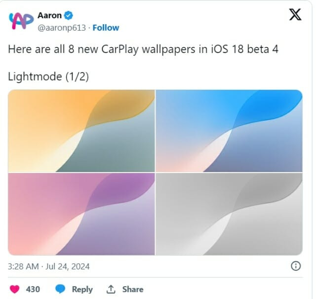 iOS 18 베타 4 카플레이 배경화면 (사진=엑스 @aaronp613)