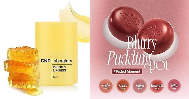 2024 아마존 프라임데이에서 베스트셀러에 선정된 CNP 프로폴리스 립세린(왼쪽). 퓌의 립 메이크업 제품인 푸딩 팟 또한 큰 인기를 끌었다다. [아마존 캡처]