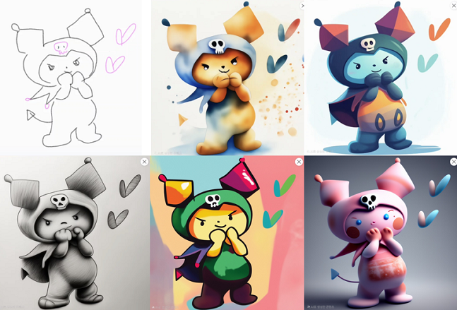 삼성 노트에 쿠로미 캐릭터를 간단히 그려 '스케치 변환' 기능을 사용해봤다. 시계 방향으로 △수채화 △일러스트 △3D카툰 △팝아트 △스케치로 변환된 이미지다./사진=갤럭시Z폴드6 캡처