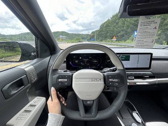 Steering wheel and dashboard of the EV3. [SARAH CHEA]