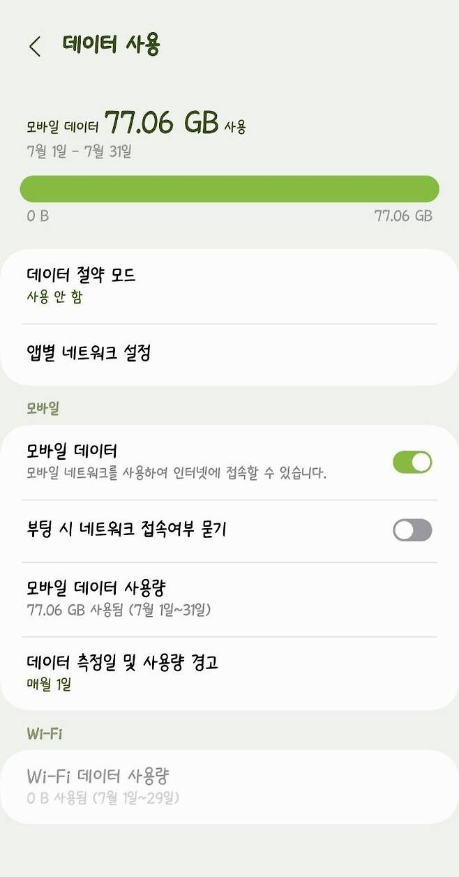 쩐화위복 조해영 기자의 휴대폰 데이터 사용량 화면 갈무리. 자칭 ‘통신사 호갱’ 조 기자는 에스케이텔레콤의 한 달 8만원대 데이터 무제한 요금제를 이용 중이라고 해요. 그는 평소 와이파이는 전혀 쓰지 않는다고 합니다. 조해영 기자 제공