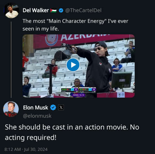 김예지의 사격을 올린 네티즌과 이에 응답한 일론 머스크. ⓒX