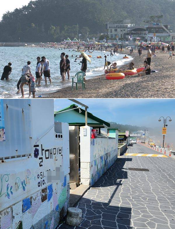 임랑해수욕장에서 피서객이 해수욕을 즐기고 있다. 이곳은 해안을 따라 민박·평상 가게가 줄지어 있다.  기장군 제공