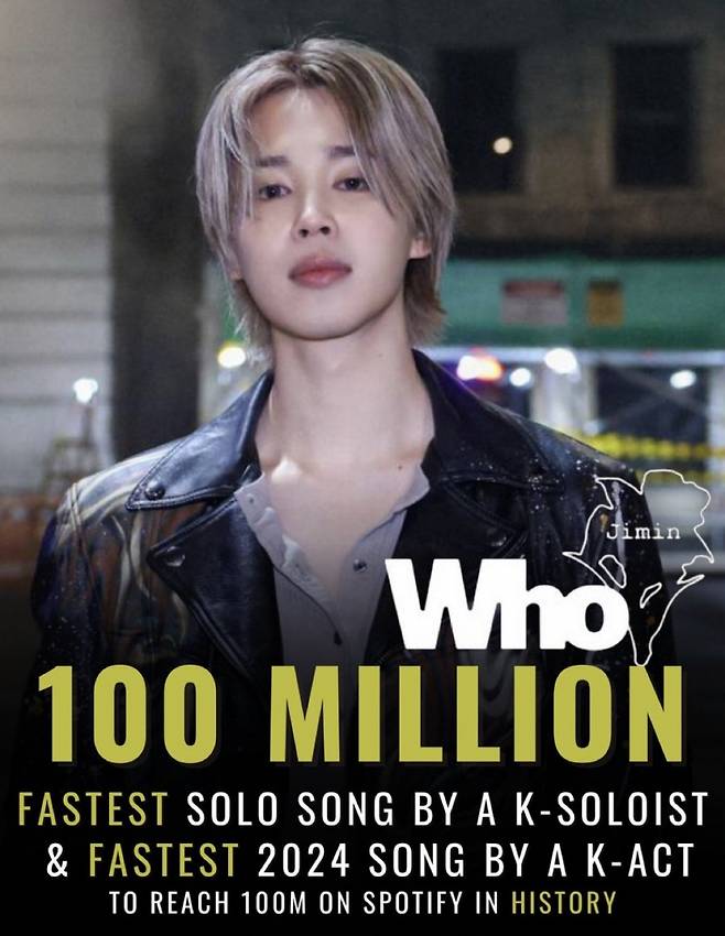 방탄소년단 지민 'Who' 亞솔로곡 최단 스포티파이 1억 돌파