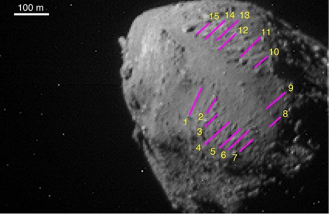 소행성 디디모스 표면에서 확인된 15개의 바위 흔적 [J.Bigot and P. Lombardo (ISAE-SUPAERO) 제공. 재판매 및 DB 금지]