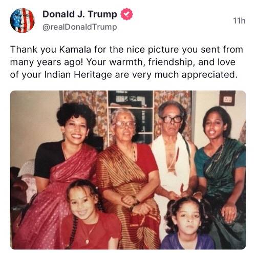 인도 의상을 입은 해리스 부통령 사진을 SNS에 올린 트럼프 전 대통령. [트루스소셜 화면 캡처]
