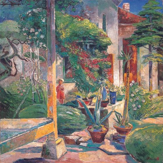 정원’, 1938년, 개인 소장. 한여름 아르스 다방의 풍성한 정원을 싱그럽게 그렸다. [사진 김인혜, 이인성 유족]