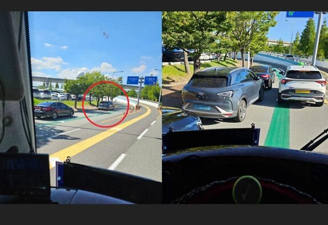 공항진입로에 불법 주차된 수소차량. 사진 온라인 커뮤니티