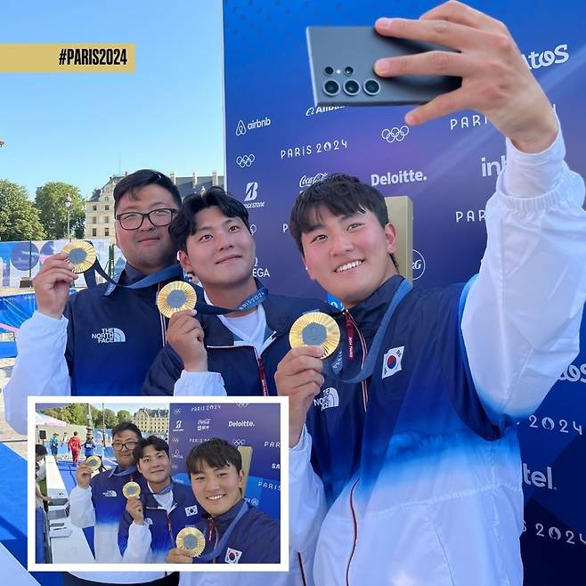 2024 파리 올림픽 양궁 남자 리커브 단체전에서 금메달을 딴 김우진 이우석 김제덕 /사진=IOC 공식 인스타그램