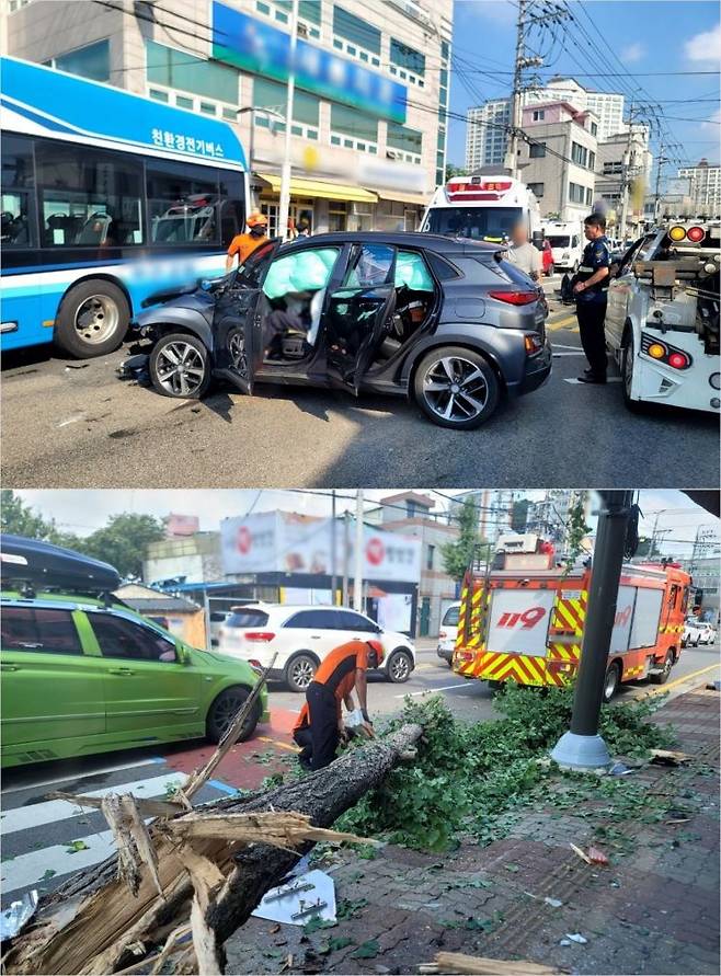 경남 진주시 문산읍의 한 사거리 차량 추돌사고 현장에서 소방대원과 경찰들이 구조와 현장 정리를 하고 있다. [사진제공=경남소방본부]