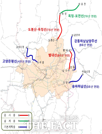 고양은평선·강동하남남양주·송파하남선 노선도./경기