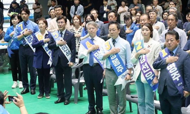 전현희(왼쪽부터)·한준호·이언주·김민석·민형배·정봉주·강선우·김병주 최고위원 후보. [이미지출처=연합뉴스]