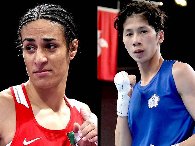 알제리 여자 복싱선수 이마네 칼리프(왼쪽)· 대만 여자 복싱선수 린위팅. 사진=로이터/AP