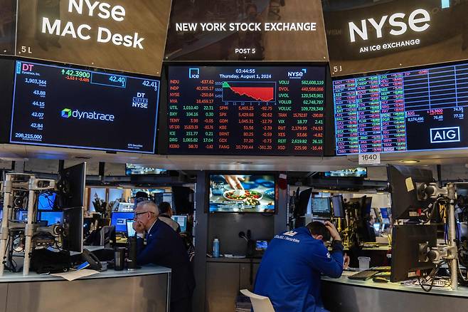 뉴욕증권거래소(NYSE)에서 트레이더들이 업무를 보고 있다. /AFP