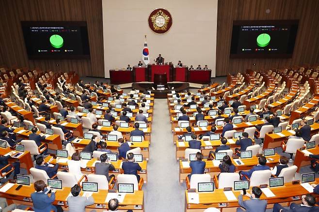 5일 오후 서울 여의도 국회에서 열린 제417회 국회(임시회) 제1차 본회의에서 노동조합 및 노동관계조정법 개정안(노란봉투법)이 재적 300인 중 재석 179인, 찬성 177, 반대 2인으로 통과되고 있다. 뉴스1