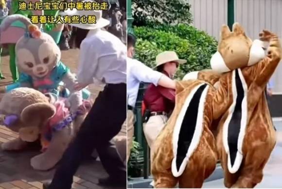 40도가 넘는 무더위에 인형탈을 쓰고 퍼레이드를 강행한 상하이 디즈니랜드 공연자들이 실신하고 있다.