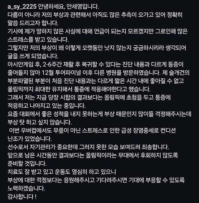 올해 초 안세영의 부상 관련 SNS 해명