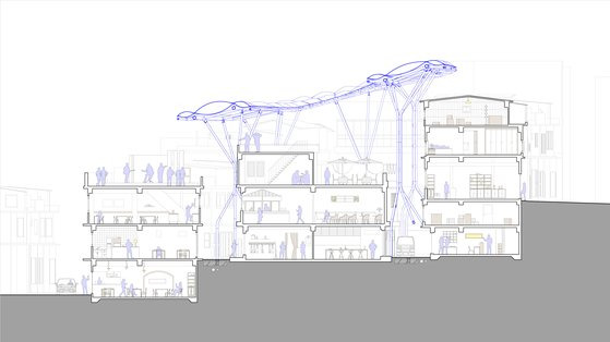 신흥시장의 새 아케이드 지붕인 '클라우드' 단면도. 사진 유아이에이건축사사무소