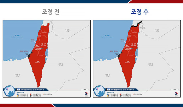 ▲ 외교부는 7일 0시부터 이스라엘-레바논과 접경지역에 대해 '여행금지'에 해당하는 여행경보 4단계를 발령하겠다고 밝혔다. 사진 오른쪽의 검은색 구역이 7일 이후부터 적용되는 여행금지 대상 지역이다. ⓒ외교부