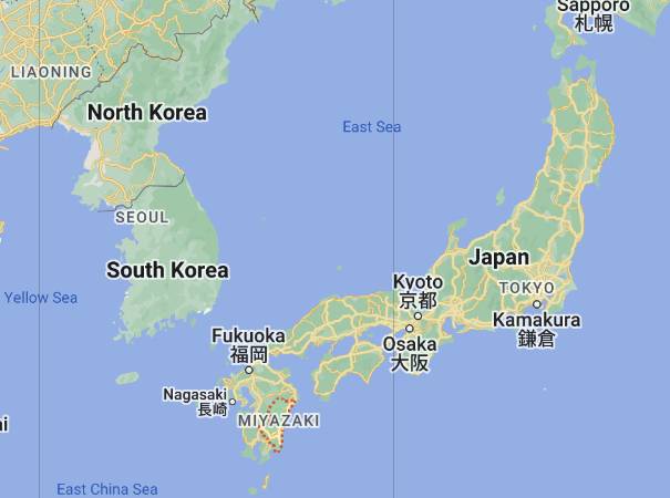 빨간색 부분이 일본 남서부 미야자키현/사진=구글맵