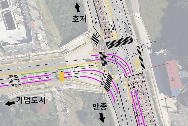 [원주=뉴시스] 기업도시 물지울사거리 교통체계 개선 후 이동경로. (사진=원주시 제공) 2024.08.08. photo@newsis.com *재판매 및 DB 금지