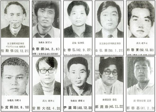 1980년 5.18 수배자 가운데 마지막까지 잡히지 않은 일부 수배자 사진. 이 사진 아래 줄 왼쪽에서 네 번째가 정연주. /정연주 제공