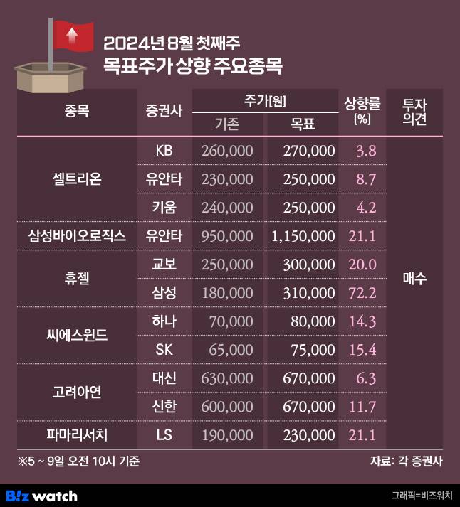 청기홍기 목표주가 상향 목록/그래픽=비즈워치
