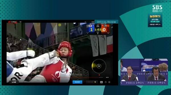 저우쩌치의 헬멧을 가격한 이다빈. ⓒSBS