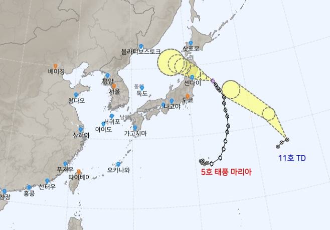 ⓒ기상청: 2024년 제 5호태풍 마리아-11호 열대저압부 예상경로