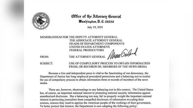 2021년 7월 19일 언론인 통화 내역 조회를 전면 금지한 미국 법무부 공문