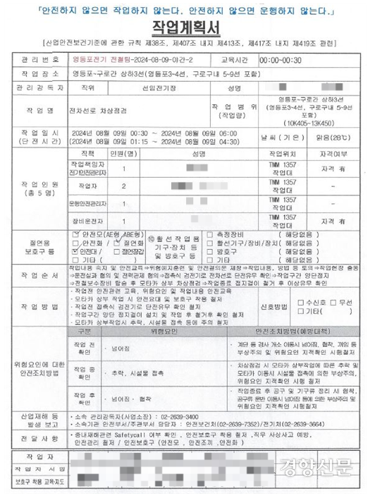 지난 9일 구로역에서 벌어진 사고 이전 작성된 작업계획서. 전용기 더불어민주당 의원실 제공