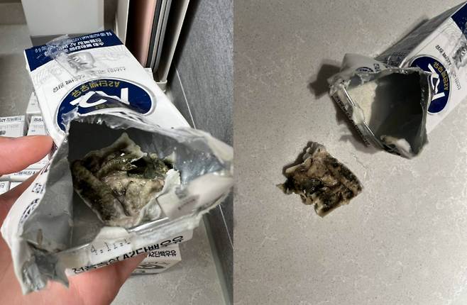 아이가 먹다 남긴 멸균우유에서 곰팡이가 나왔다. /출처=블라인드 갈무리