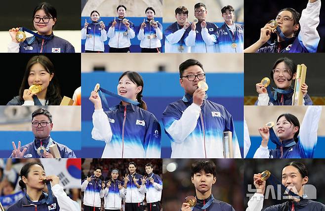 [서울=뉴시스] 전신 기자 = 대한민국이 2024 파리 올림픽에서 금메달 13개, 은메달 9개, 동메달 10개 총 32개 메달로 이번 대회를 마쳤다. 사진은 2024 파리 올림픽 한국 금메달리스트 모습.사진 중앙은 2024 파리 올림픽 최우수선수(MVP)로 선정된 양궁 김우진·임시현. 사진 맨 왼쪽 상단부터 시계방향으로 사격 여자 10m 공기권총 오예진, 양궁 여자 단체 임시현·전훈영·남수현, 양궁 남자 단체 김우진·김제덕·이우석, 펜싱 남자 사브르 개인 오상욱, 사격 여자 권총 25m 양지인, 양궁 여자 개인 임시현, 태권도 여자 57kg급 김유진, 태권도 남자 58kg급 박태준, 펜싱 남자 사브르 단체 오상욱·구본길·박상원·도경동, 배드민턴 여자 단식 안세영, 양궁 남자 개인 김우진, 사격 여자 10m 공기소총 반효진. (사진=뉴시스DB·AP) 2024.08.11. photo@newsis.com