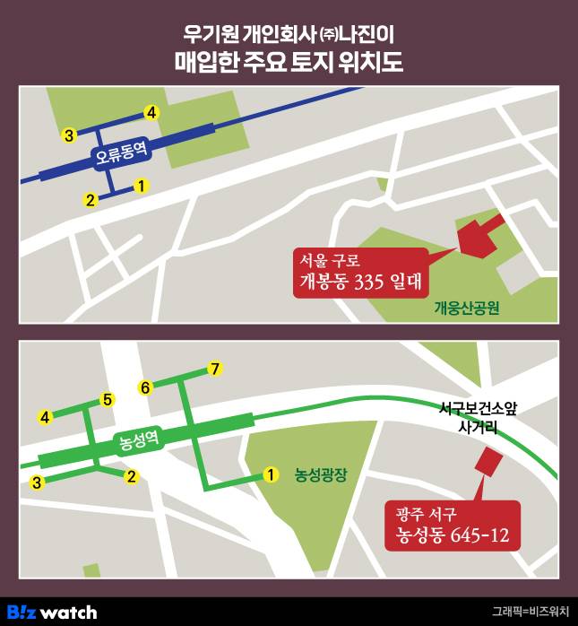 SM그룹 후계자 우기원씨의 개인회사 ㈜나진 소유의 주요 토지 위치도