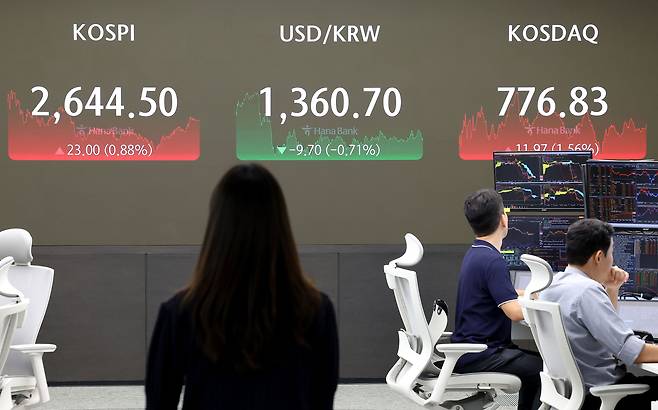 14일 오후 서울 중구 하나은행 본점 딜링룸 현황판에 코스피, 원/달러 환율, 코스닥 지수가 표시돼 있다. /연합뉴스