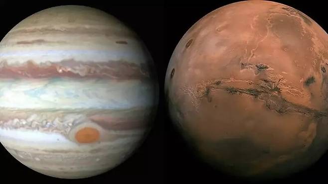 태양계에서 가장 큰 행성 목성과 지구와 가장 비슷한 행성 화성이 15일 새벽 6년여만에 가장 가까워진다. 미 항공우주국 제공