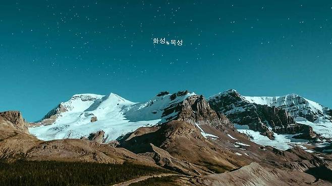 두 천체는 15일 새벽 1시께 동쪽 지평선 위로 떠오른다. 화성은 목성 바로 위 왼쪽에 나타난다. starwalk 제공