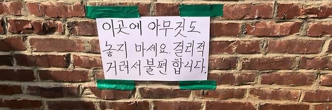 담벼락에 얼기설기 쓴 글에서도 진심을 본다. 골목의 평온을 지키고 싶다는. 사진 이명석