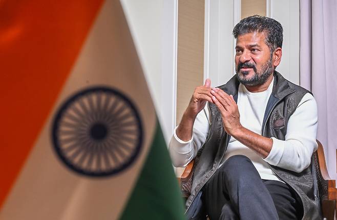 Telangana Chief Minister Revanth Reddy speaks in an interview with The Korea Herald at Lotte Hotel in Jung-gu, Seoul on Monday.( Im se-jun/ The Korea Herald)