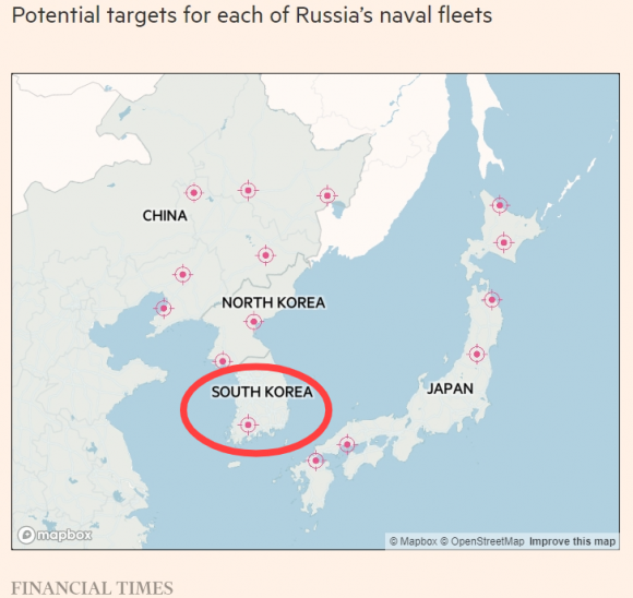 북대서양조약기구(NATO·나토)와 전면 충돌 시 러시아 해군이 미사일로 타격할 잠재 표적이 표시된 지도. 영국 파이낸셜타임스 제공