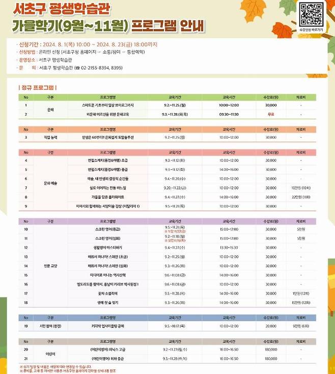 서초구 평생학습관 가을학기 프로그램 [서초구 제공. 재판매 및 DB 금지]
