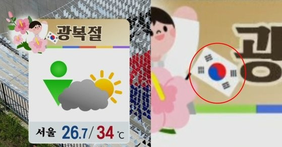 KBS가 광복절 당일 거꾸로 된 태극기를 방송에 내보냈다. KBS 캡처