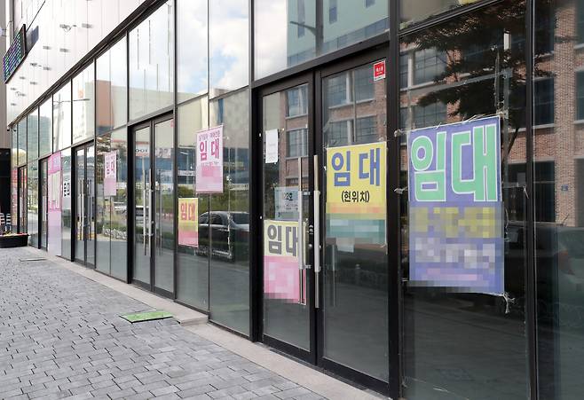 “임차인 구합니다” - 15일 경북 김천시 율곡동 김천혁신도시 상가 1층 전체가 세입자 없이 텅 비어 있고, 점포 입구와 벽마다 임차인을 구하는 안내문이 붙어 있다. 이 상가는 KTX 역과 가까운 김천혁신도시 내 핵심 상권에 있지만, 광복절 휴일인 이날 오가는 사람 없이 한산했다. /김동환 기자